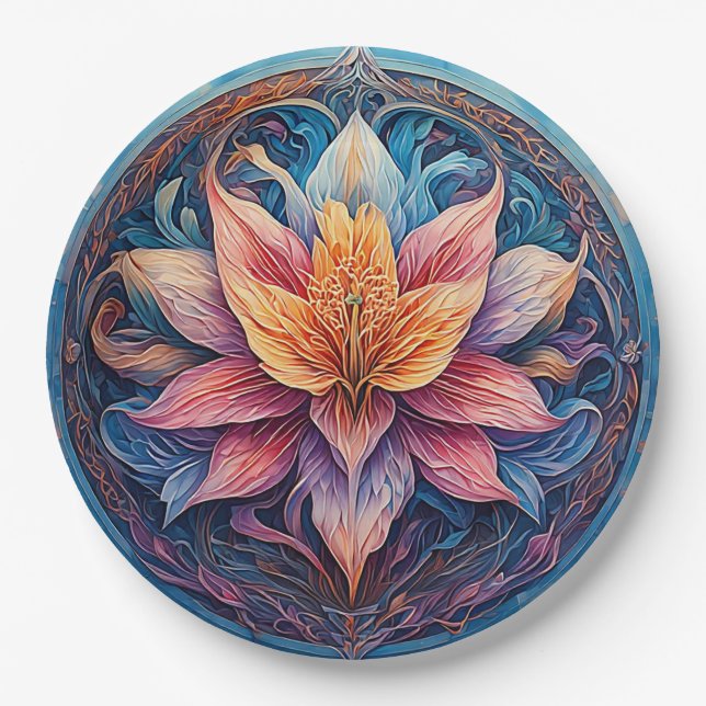 Farbenfrohe Mandala Blume Design Pappteller (Vorderseite)