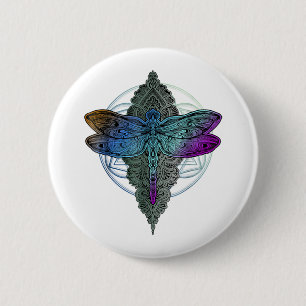 Farbenfrohe Mandala Dragonfly T Shirt Lotus Blume Button