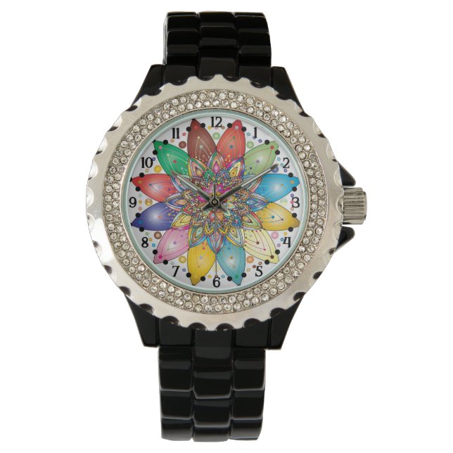Farbenfrohe Mandala mit arabischen Zahlen Armbanduhr (Vorderseite)