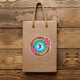 Farbenfrohe Mandala mit Kolibris und rosa Blume Aufkleber