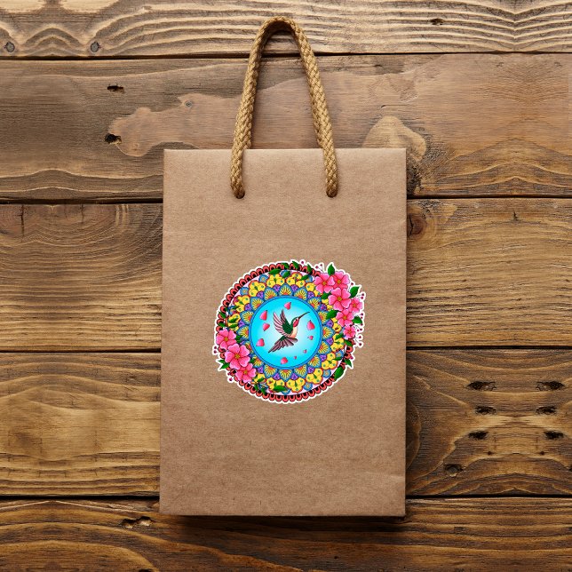 Farbenfrohe Mandala mit Kolibris und rosa Blume Aufkleber (Von Creator hochgeladen)