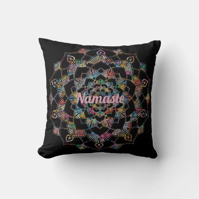 Farbenfrohe Mandala Namaste Black Throw Kissen (Vorderseite)