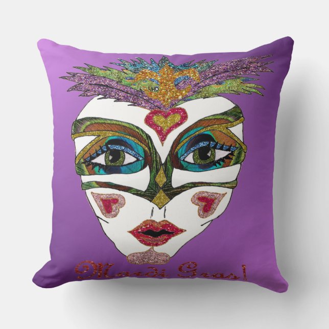 Farbenfrohe Mardi Gras Glitzer Feather Mask Lila Kissen (Vorderseite)