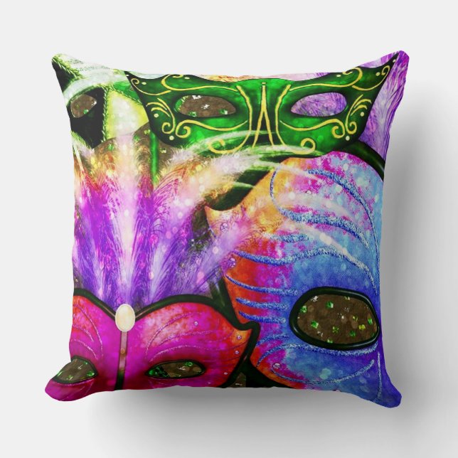 Farbenfrohe Mardi Gras Masken Throw Kissen (Vorderseite)