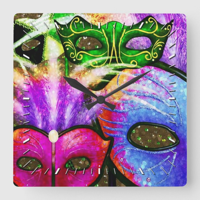 Farbenfrohe Mardi Gras Masken Wall Clock Quadratische Wanduhr (Vorderseite)