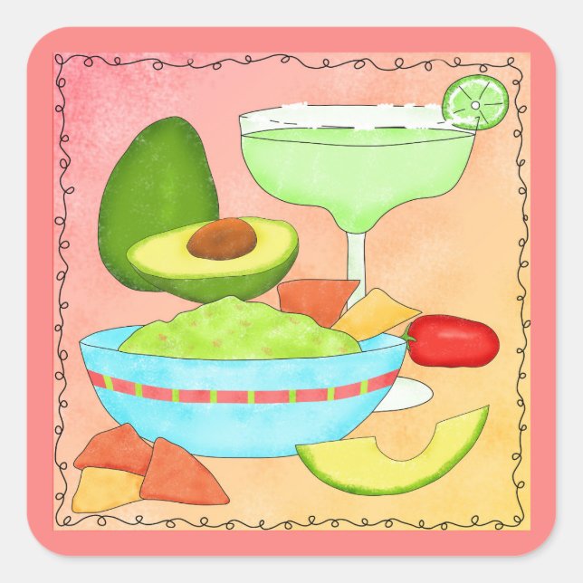 Farbenfrohe Margarita Guacamole Fun Celebrate Quadratischer Aufkleber (Vorderseite)