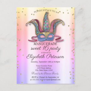 Farbenfrohe Masque-Diamanten-Masquerade Sweet 16   Einladungspostkarte