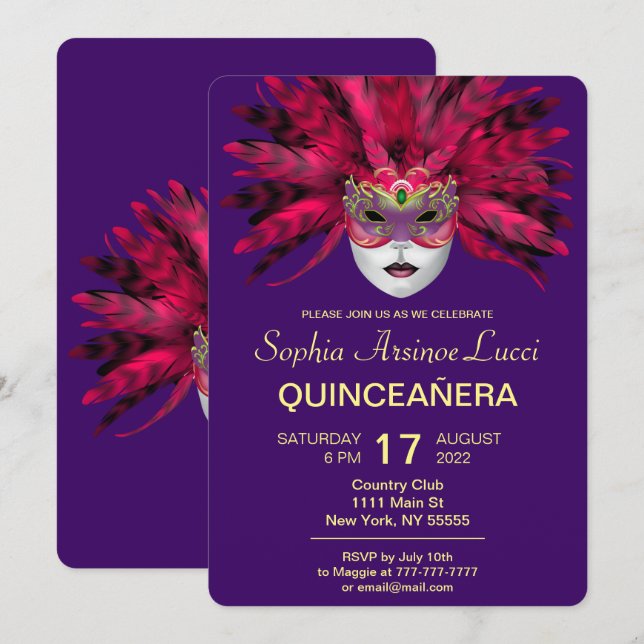 Farbenfrohe Masquerade Quinceñera Party Einladung (Vorne/Hinten)