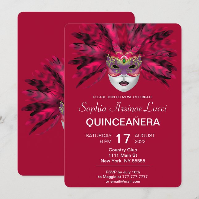 Farbenfrohe Masquerade Quinceñera Party Einladung (Vorne/Hinten)