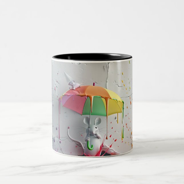 Farbenfrohe Maus mit Regenschirm - 3D-Tasse Zweifarbige Tasse (Mittel)