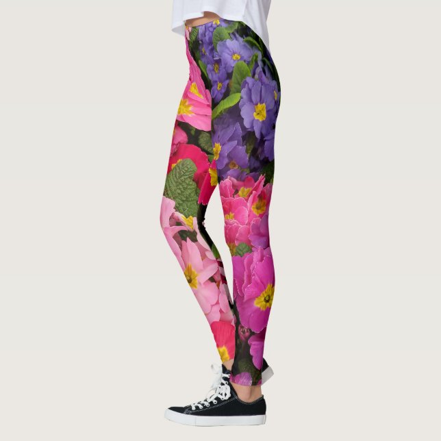 Farbenfrohe Medley Pink Blue Lila Primula Blume Leggings (Links)