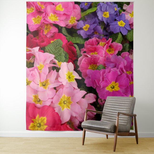 Farbenfrohe Medley Pink Blue Lila Primula Blume Wandteppich (Beispiel)