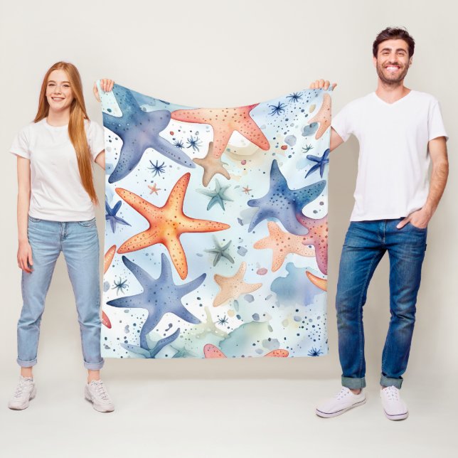 Farbenfrohe Meeresfrüchte, Meeresstars Aquarellkun Fleecedecke (Beispiel)