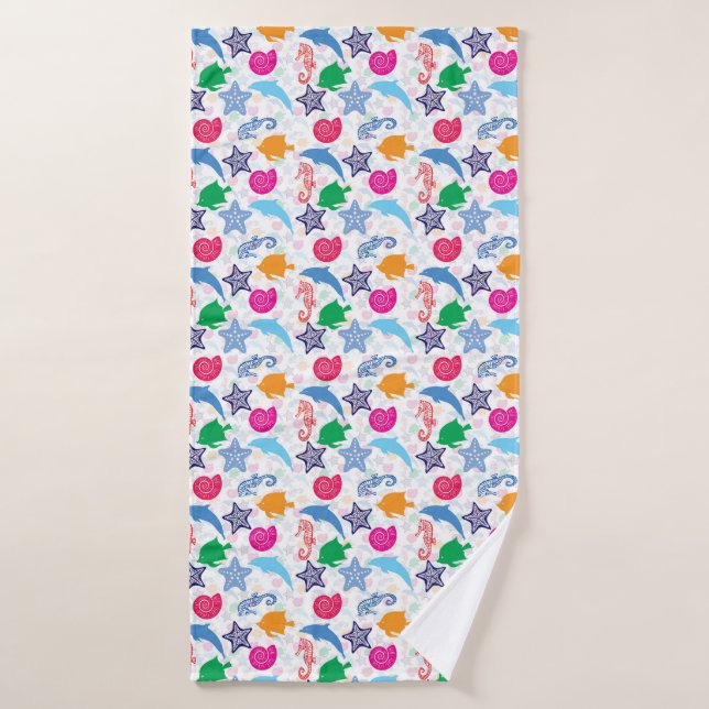 Farbenfrohe Meerestiere Illustrationsmuster Badehandtuch (Badehandtuch)