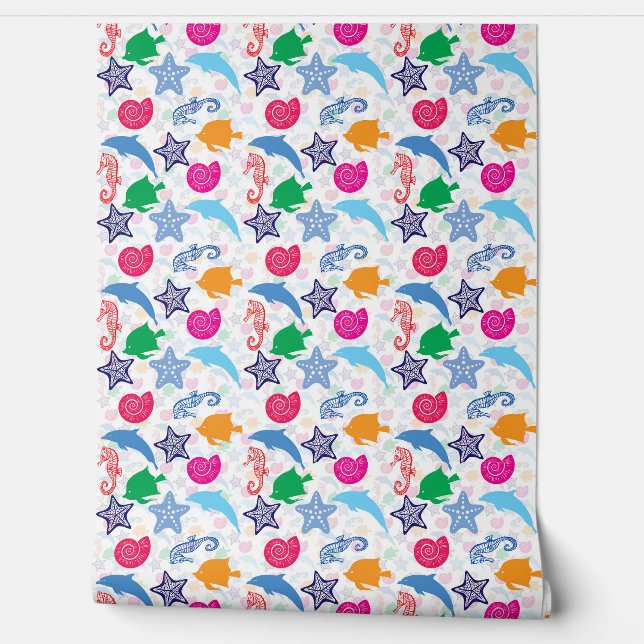 Farbenfrohe Meerestiere Illustrationsmuster Wand (Abrollen)