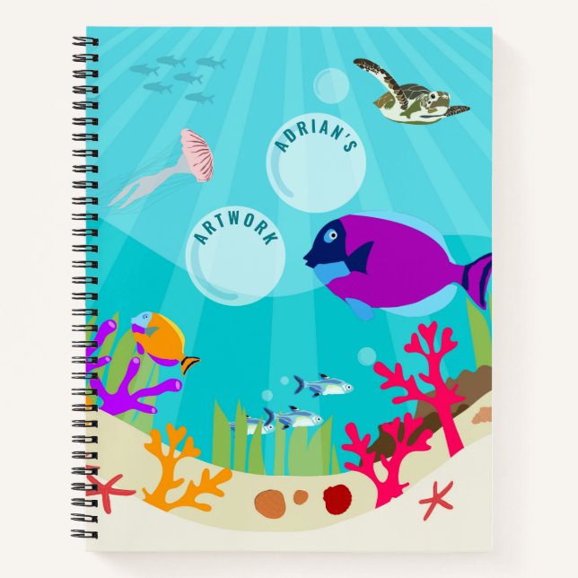 Farbenfrohe Meerestiere Kinder Name Sketchbook Notizbuch (Vorderseite)