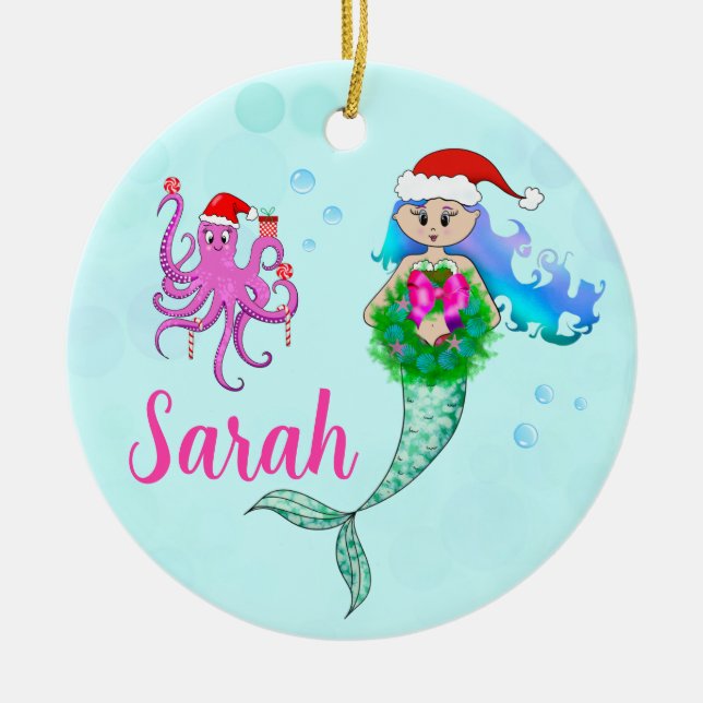 Farbenfrohe Meerjungfrau & Oktopus Weihnachtsfeier Keramik Ornament (Vorne)
