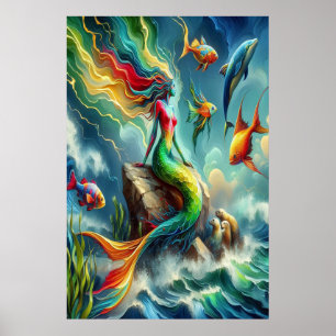 Farbenfrohe Meerjungfrau sitzend auf Rocky Shore 2 Poster