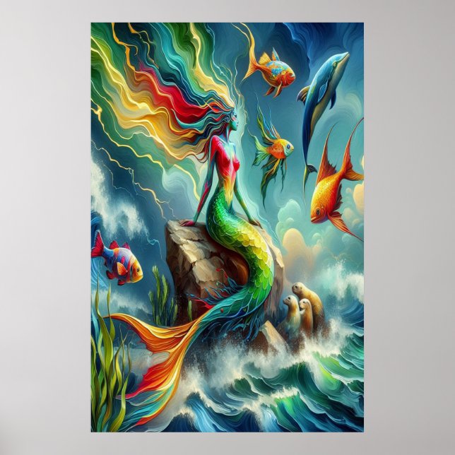 Farbenfrohe Meerjungfrau sitzend auf Rocky Shore 2 Poster (Vorne)