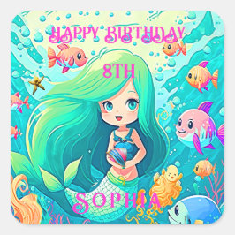 Farbenfrohe Meerjungfrau Themed Happy Birthday Par Quadratischer Aufkleber