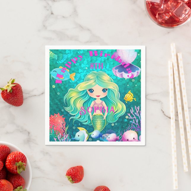 Farbenfrohe Meerjungfrau Themed Happy Birthday Par Serviette (Beispiel)