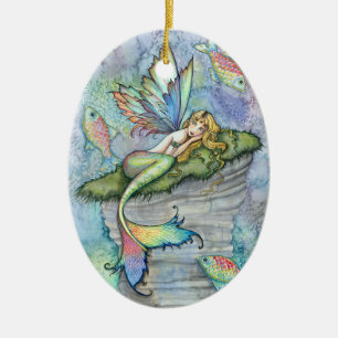 Farbenfrohe Meerjungfrau und Karpfenfisch Fantasie Keramik Ornament