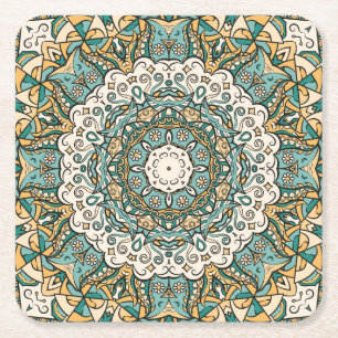 Farbenfrohe Mehndi Tile Nahtlose Tracerei Rechteckiger Pappuntersetzer