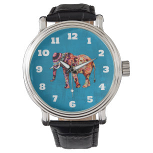 Farbenfrohe, mehrfarbige Elefanten auf blauem Hint Armbanduhr