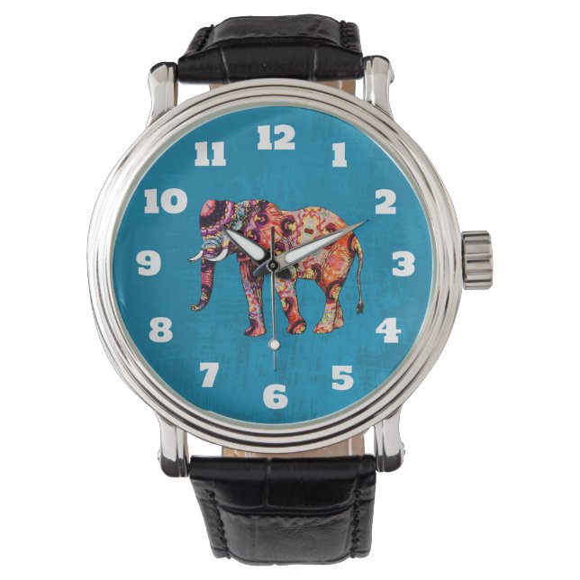 Farbenfrohe, mehrfarbige Elefanten auf blauem Hint Armbanduhr (Vorderseite)
