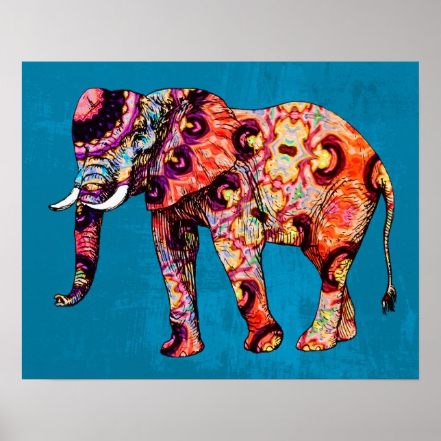 Farbenfrohe, mehrfarbige Elefanten auf blauem Hint Poster (Vorne)