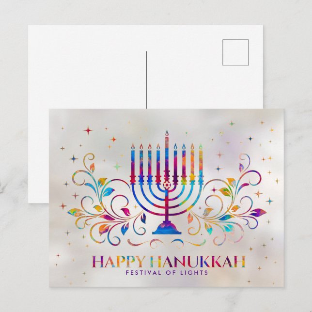 Farbenfrohe Menorah Swirl Ornament Happy Hanukkah Postkarte (Vorne/Hinten)