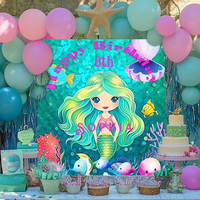 Farbenfrohe Mermaid Themed Happy Birthday Banner Poster (Birthday Party Mermaid Banner )