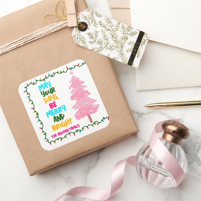Farbenfrohe Merry Bright Pink Weihnachtsbaum Party Quadratischer Aufkleber (Schenken)
