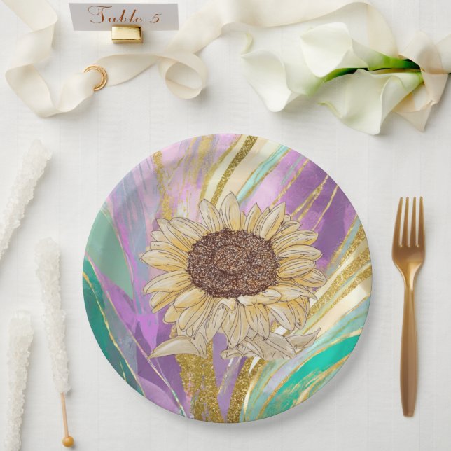 Farbenfrohe metallische Blumenkulisse mit Sonnenbl Pappteller (Hochzeit)