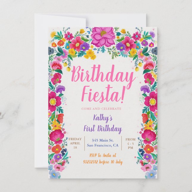 Farbenfrohe mexikanische Blume Fiesta 1. Geburtsta Einladung (Vorderseite)