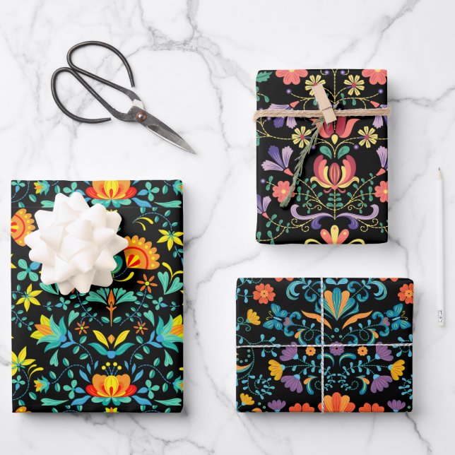 Farbenfrohe mexikanische Blumenstickerei Geschenkpapier Set (Vorderseite)