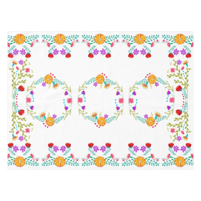 Farbenfrohe mexikanische Fiesta-Blume auf Weiß Tischdecke (Vorderseite (Horizontal))