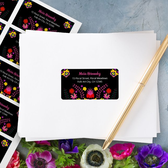 Farbenfrohe mexikanische Fiesta Blume Schwarze Adr Adressaufkleber (RSVP envelope address labels from my Mexican Fiesta Party Quinceanera Collection 
)