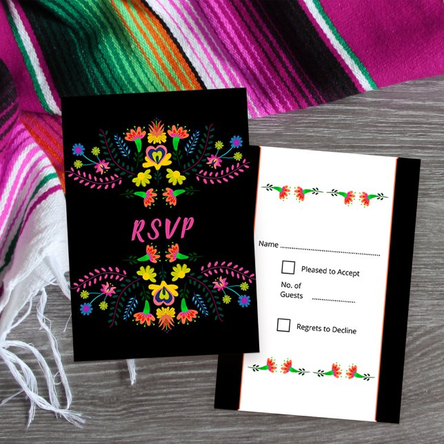 Farbenfrohe mexikanische Fiesta Party Blume Schwar RSVP Karte (Colorful Response Card from my Mexican Fiesta Party collection)
