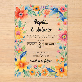 farbenfrohe mexikanische Fiesta Wedding Acryleinladungen