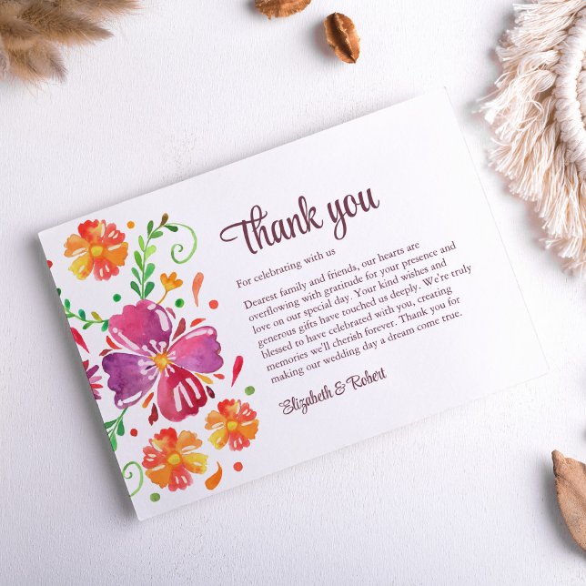 farbenfrohe mexikanische Fiesta Wedding Dankeskarte (Colorful Mexican Fiesta Wedding Thank You Card on neutral boho table.)