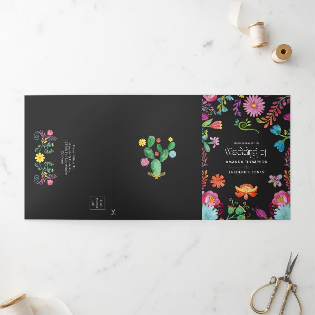 farbenfrohe mexikanische Fiesta Wedding Dreifach Gefaltete Einladung (Außenbereich)