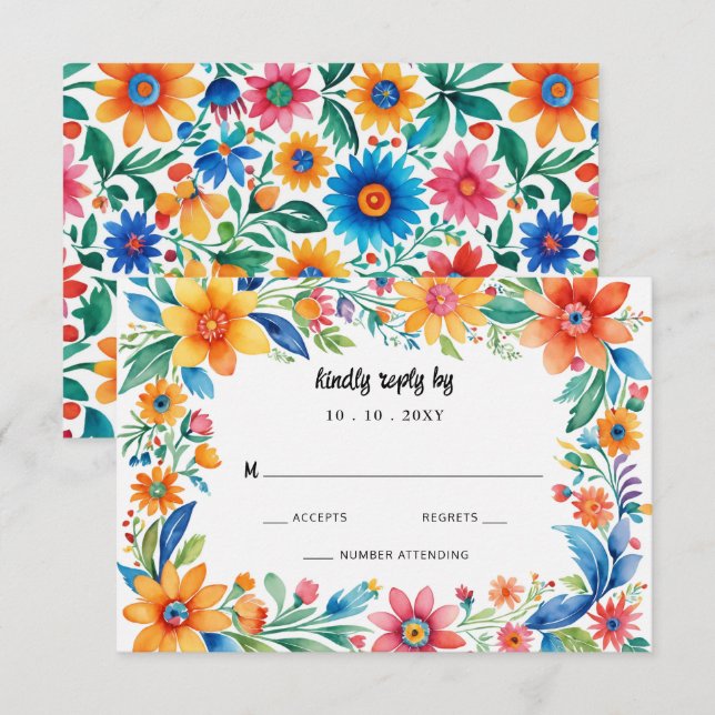 farbenfrohe mexikanische Fiesta Wedding RSVP Karte (Vorne/Hinten)