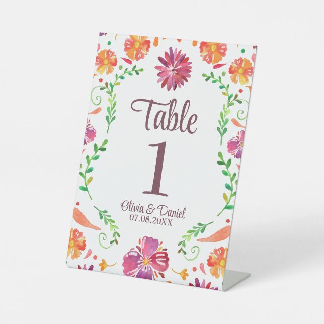 farbenfrohe mexikanische Fiesta Wedding Tischnumme Sockelschild (Vorderseite)