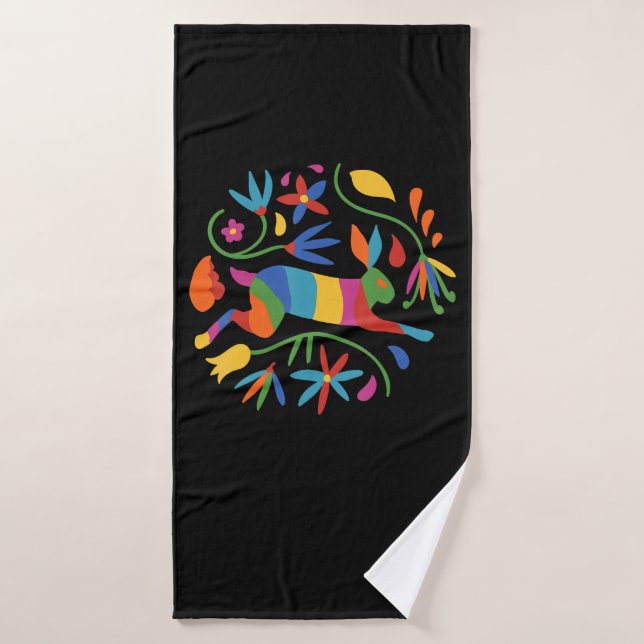 Farbenfrohe mexikanische Otomi Hare & Blume Badehandtuch (Badehandtuch)