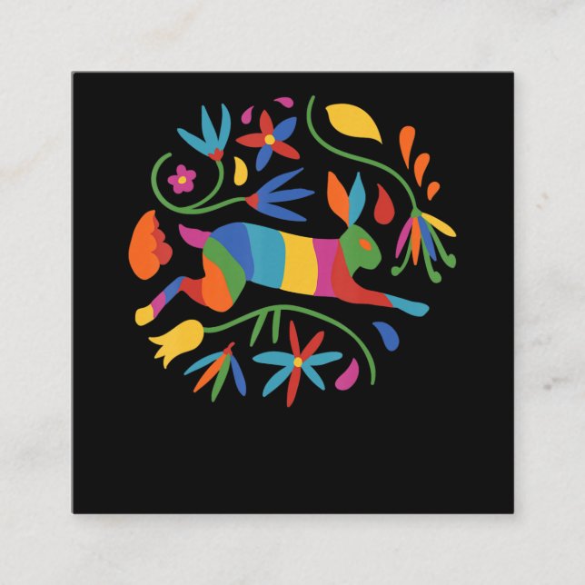 Farbenfrohe mexikanische Otomi Hare & Blume Quadratische Visitenkarte (Vorderseite)