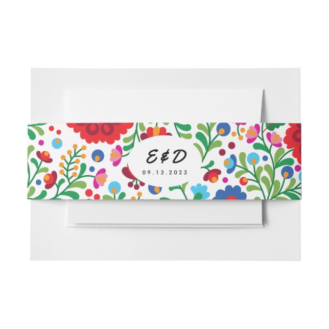 Farbenfrohe mexikanische Stickerei Mongram Wedding Einladungsbanderole (Vorderseite Beispiel)
