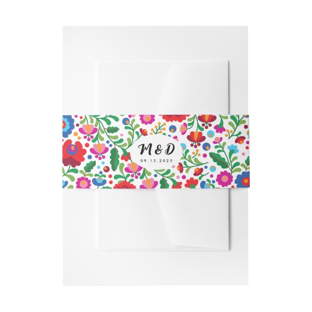 Farbenfrohe mexikanische Stickerei Monogram Weddin Einladungsbanderole (Vorderseite Beispiel)