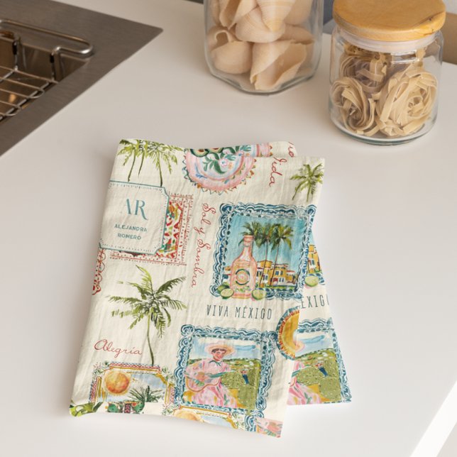 Farbenfrohe mexikanische Travel Print Monogram Geschirrtuch (Von Creator hochgeladen)