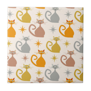 Farbenfrohe Mid Century Atomic Cats mit Sternenexp Fliese